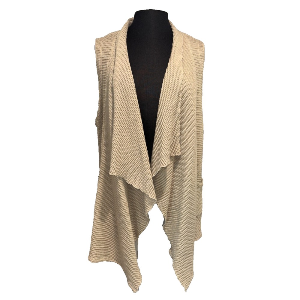 Focus Women's Waffle Knit Waterfall Open Front Vest M Taupe Cotton Pockets NWT